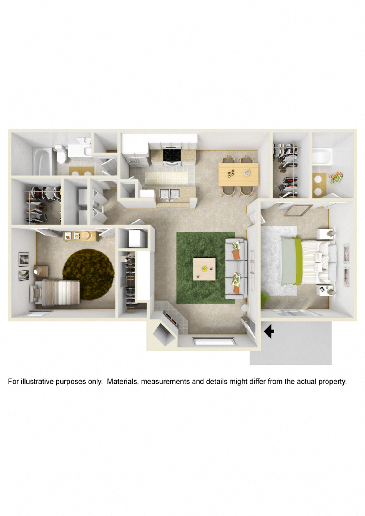 Floor plan for 2 beds, 2 baths, 1063 sqft
